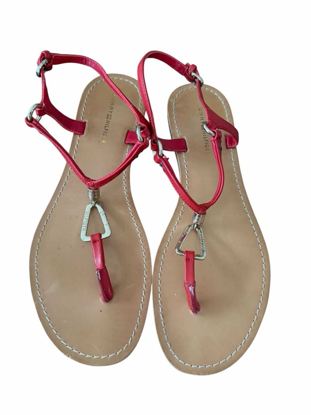 Tommy Hilfiger Red Leather T-Strap thong Sandals with Silver Logo Hardware